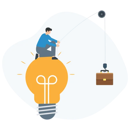 Businessman lifting briefcase using pulley system on light bulb  Illustration