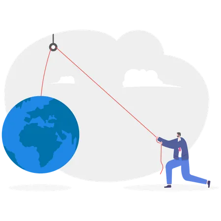 Businessman lifting globe on pulley rope  Illustration