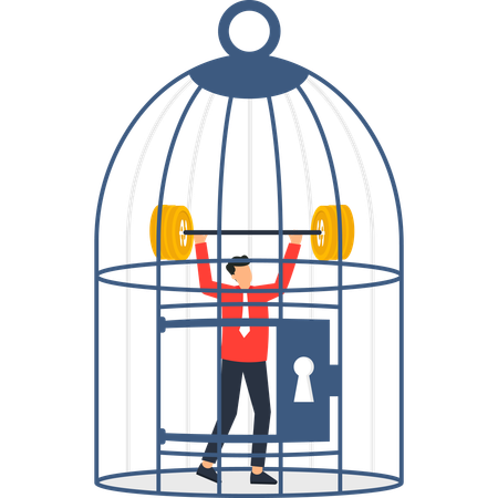 Businessman Lifting Gold Coins in Cage Financial Freedom ,  Illustration