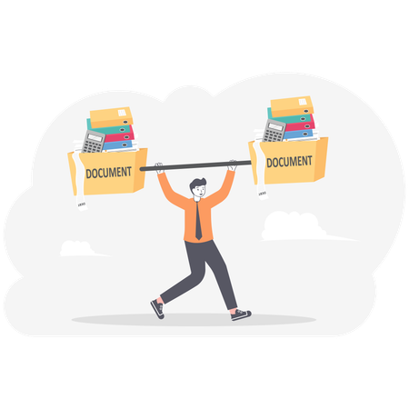 Businessman lifting weights made of heavy files  イラスト