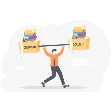 Businessman lifting weights made of heavy files  イラスト
