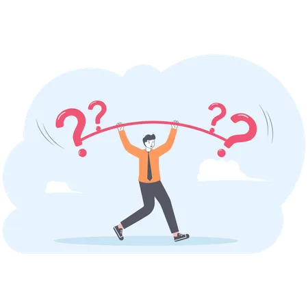 Businessman lifting weights of question mark over head  Illustration