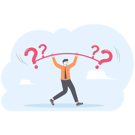 Businessman lifting weights of question mark over head  Illustration