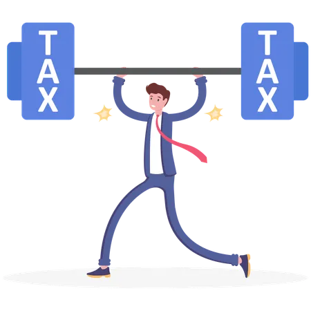 Businessman Lifting Weights Of Tax Icons Illustration Vector Cartoon Illustration