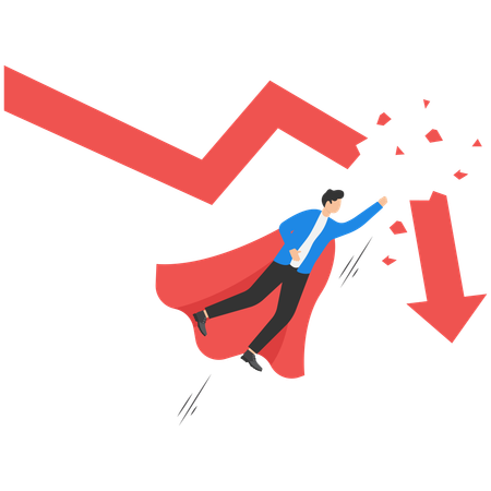 Businessman like super hero breaks falling graph  Illustration