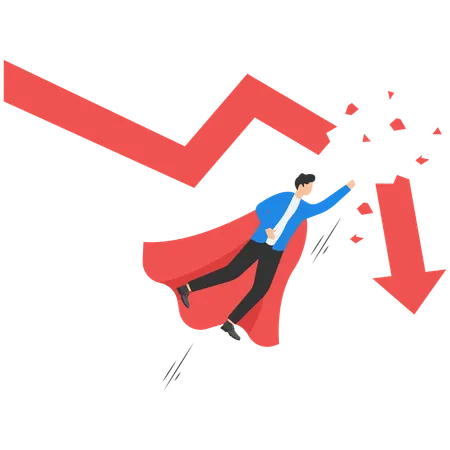Businessman like super hero breaks falling graph  Illustration