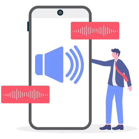 携帯電話でオーディオやマルチメディアコンテンツを聴くビジネスマン  イラスト