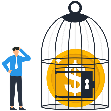 Businessman locking coin in a birdcage  Illustration