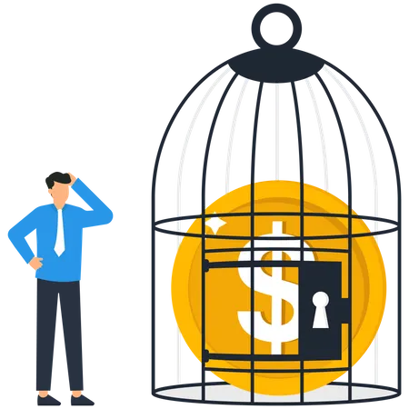 Lock Up Money Or Control Money Businessman Locking Coin In A Birdcage Concept Of Finance And Investment Illustration
