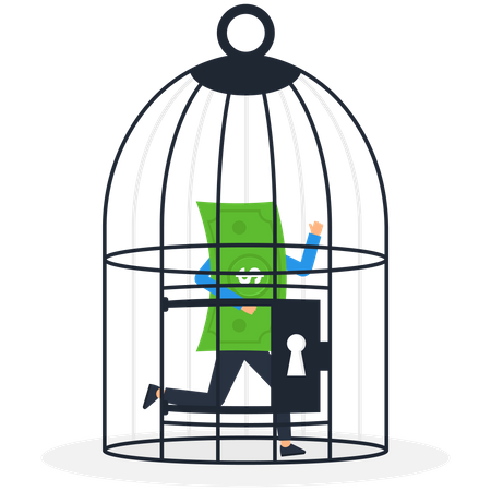 Businessman locking coin in a birdcage  Illustration