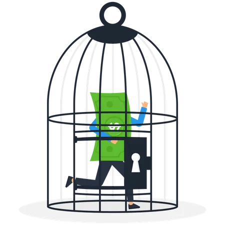 Businessman locking coin in a birdcage  Illustration