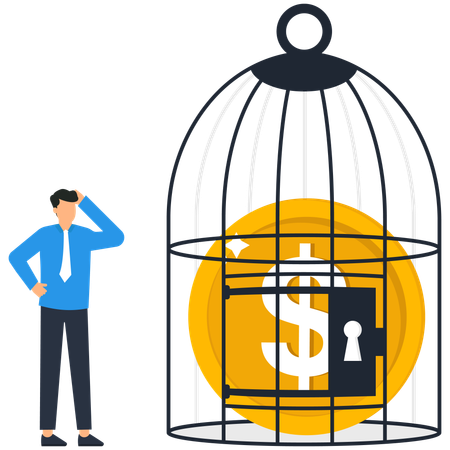 Businessman locking coin in a birdcage  Illustration