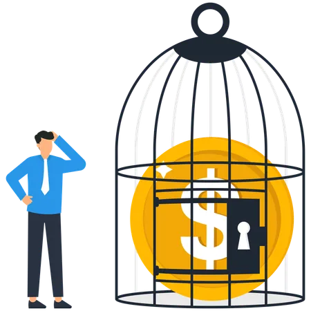 Businessman locking coin in a birdcage  Illustration