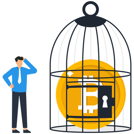 Businessman locking coin in a birdcage  Illustration