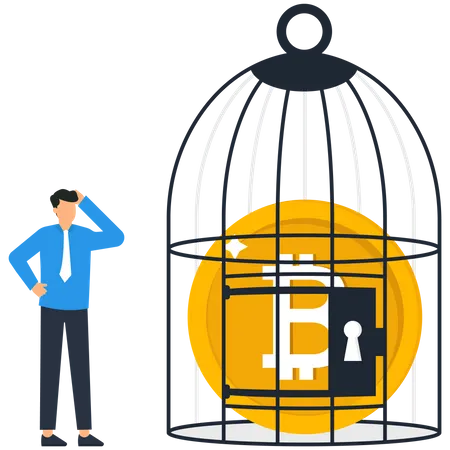 Businessman locking coin in a birdcage  Illustration