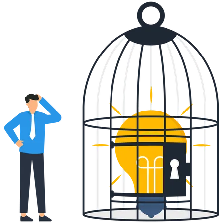 Refusing To Disclose Knowledge Or Business Secrets Businessman Locks A Light Bulb In A Cage Illustration