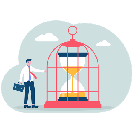 Businessman locks clock in birdcage  Illustration