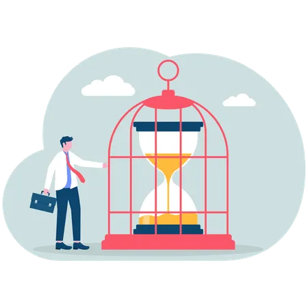 Businessman locks clock in birdcage  Illustration