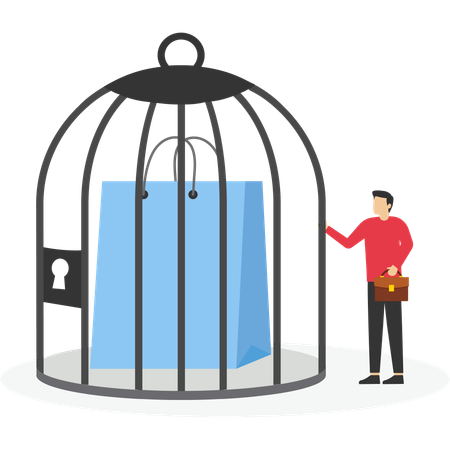 Businessman locks shopping bags in birdcage  Illustration