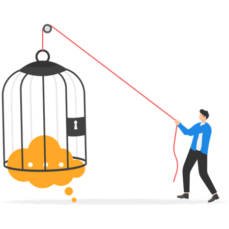 Businessman locks speech bubble in cage  Illustration