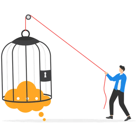 Businessman locks speech bubble in cage  Illustration