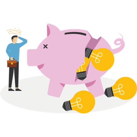 Businessman look at collapsing piggy bank with light bulbs  Illustration