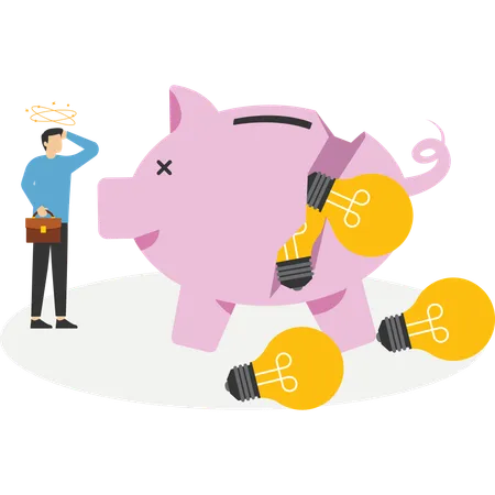 Businessman look at collapsing piggy bank with light bulbs  Illustration