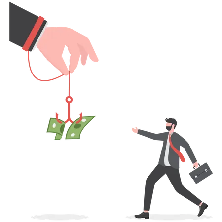 Money Trap Or Finance Risks Business Concept Businessman Look At Dollar Banknote On The Hook Illustration