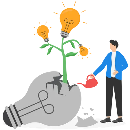 Fail To Success Aspiration And Effort To Invent New Innovation Learn From Mistakes Or Motivation To Success Cheerful Businessman Look At Seedling Bright Lightbulb Idea Plant Grow From Broken One Illustration