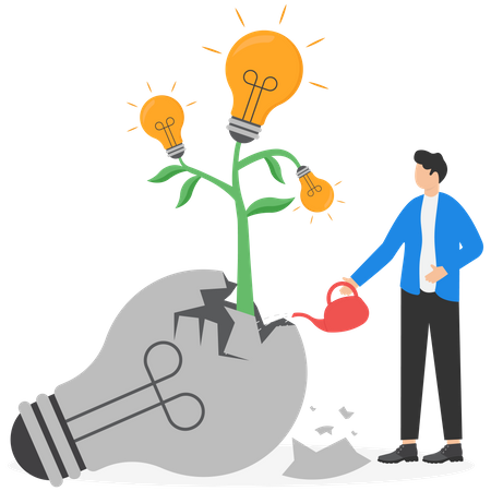 Businessman look at seedling bright lightbulb idea plant grow from broken  Illustration