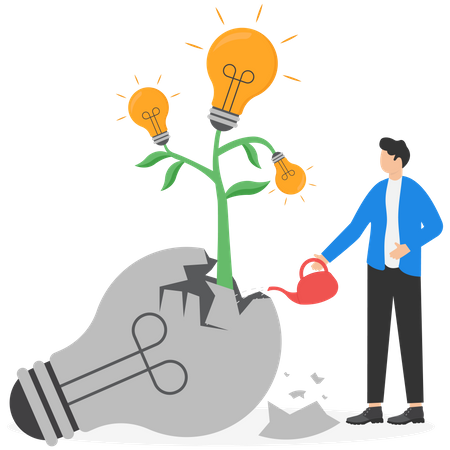 Businessman look at seedling bright lightbulb idea plant grow from broken  Illustration