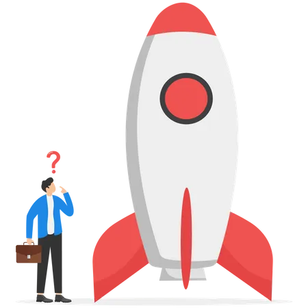 Businessman Look High At Big Innovative Rocket To Launch Company Funding Startup Company Or Venture Capital Investment Vector Illustration Illustration