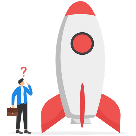 Businessman look high at big innovative rocket to launch company  Illustration