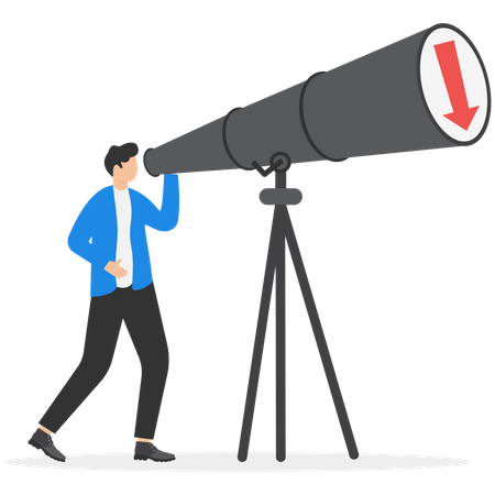 Businessman look on telescope falling down graph in the future  Illustration
