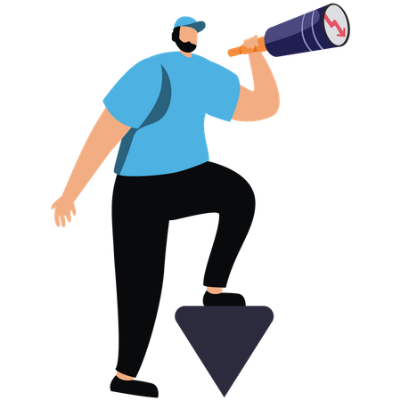 Businessman look on telescope falling down graph in the future  Illustration