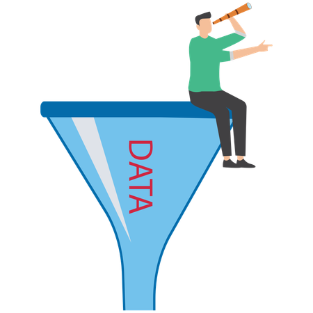 Businessman look through binocular at marketing funnel analyzing customer data and conversion rate  Illustration