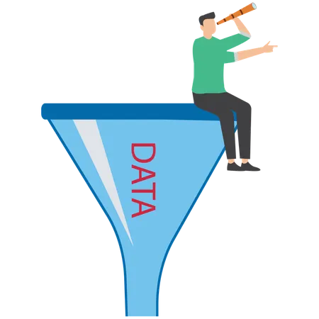 Businessman look through binocular at marketing funnel analyzing customer data and conversion rate  Illustration