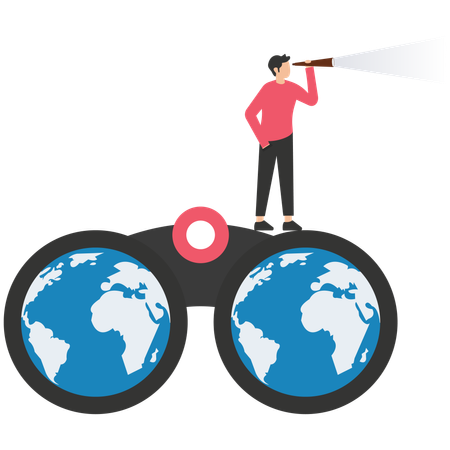 Businessman look through telescope on eyeglasses with world map  Illustration