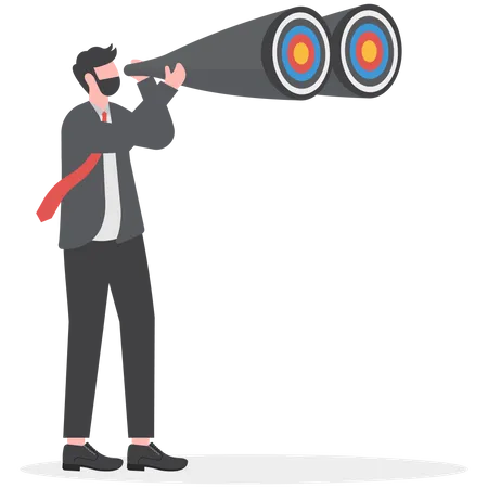 Search For Business Target Or Goal Mission Or Objective To Achieve Discover Purpose Or Find Strategy To Reach Goal Or Destination Concept Businessman Look Through Telescope To Find Target Or Goal Illustration