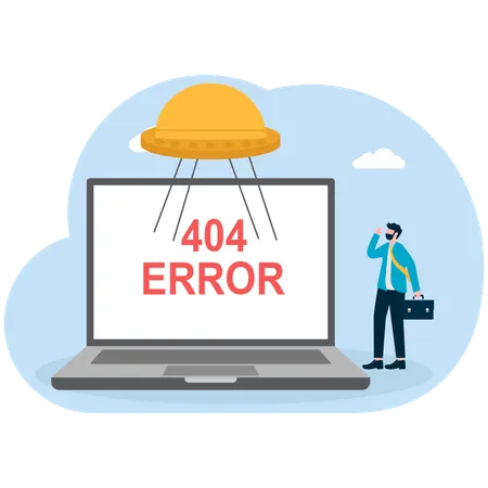 Businessman looking 404 error  occurred on laptop web page  Illustration