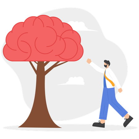 Businessman looking at abstract brain tree in concrete interior  Illustration