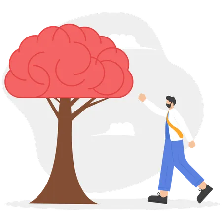 Businessman looking at abstract brain tree in concrete interior  Illustration