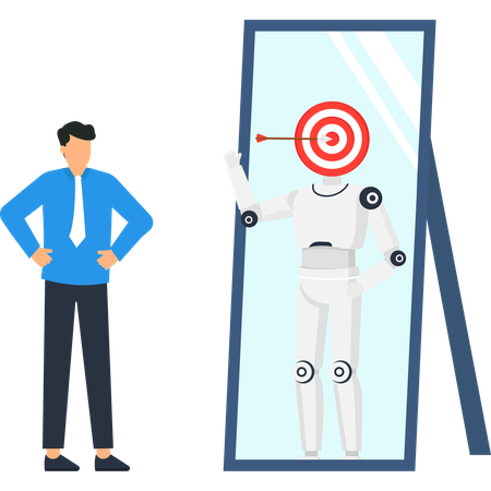 Businessman looking at AI robot reflection with target and arrow in mirror representing goal achievement  Illustration