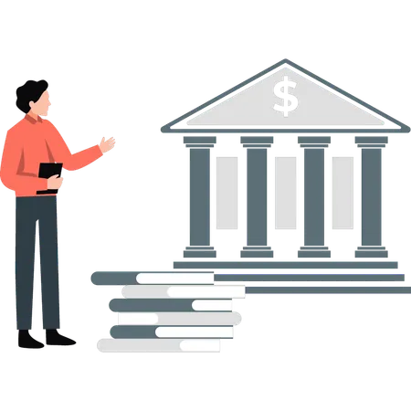 Businessman looking at bank to pay education fee  Illustration