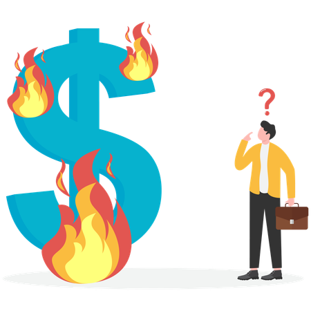 Businessman looking at burning dollar  Illustration