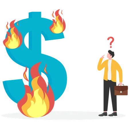 Businessman looking at burning dollar  Illustration