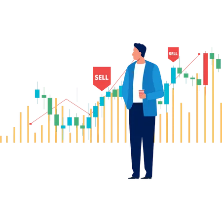 Businessman looking at candlestick graph  Illustration