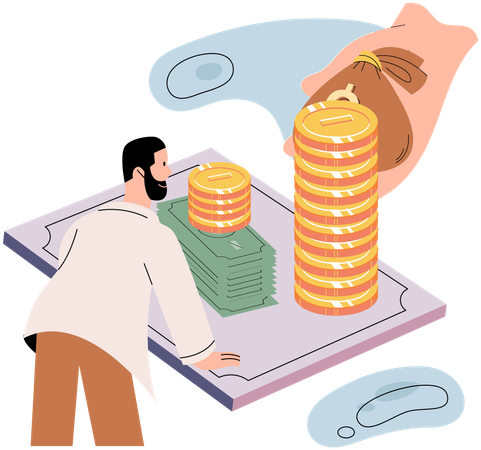 Businessman looking at coins in bag  Illustration