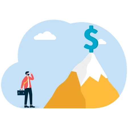 Businessman looking at dollar sign on top of huge mountain range  Illustration