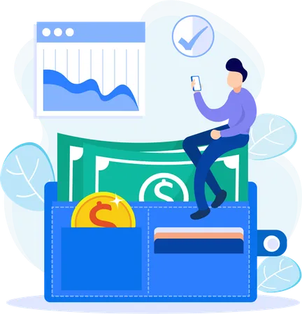 電子ウォレットの支出分析を見ているビジネスマン  イラスト